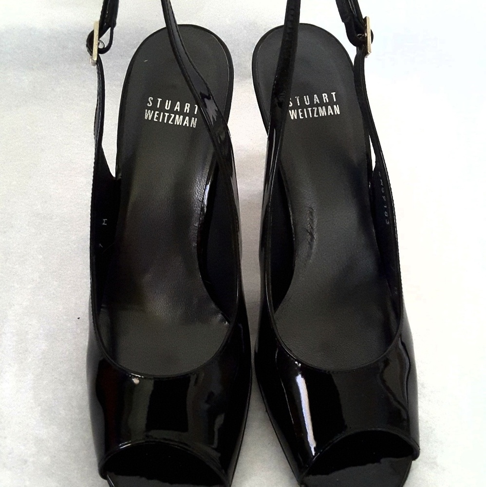 Stuart Weitzman black patent sling back heels